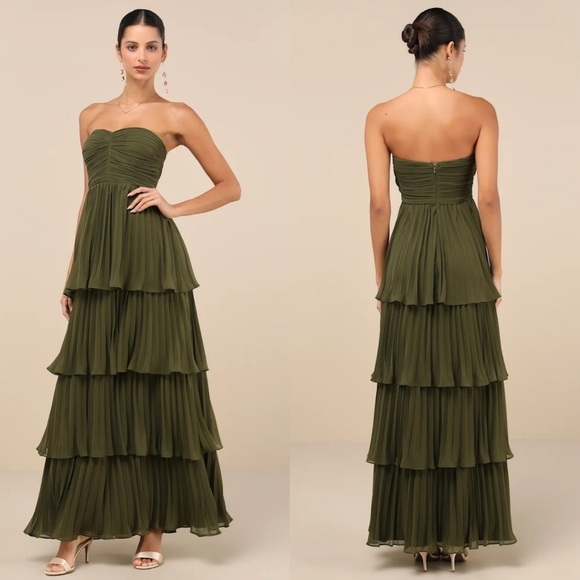 Lulus Dresses & Skirts - Lulus Seriously Sensational Olive Green Strapless Tiered Maxi Dress Wedding Prom